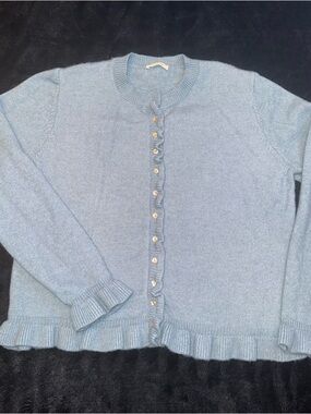 Womens Large Blue Ruffle Cardigan Granny Cottagecore Soft Knit Button Sweater